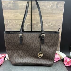 Michael Kors Jet Set Charm Large Brown Black Monogram Tote Bag Shoulder Purse
